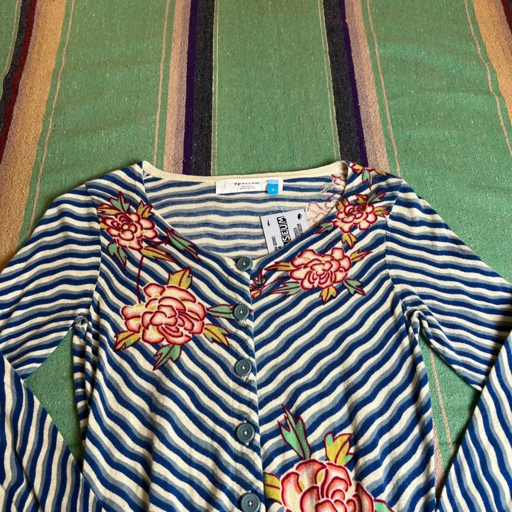 Sparrow Cardigan Womens Small Blue White Striped Floral Embroidered Cotton Boho